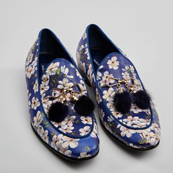 Pantofi tassel loafers albaștri cu flori