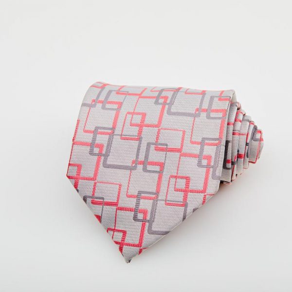 Cravată gri cu motive roz și gri închis