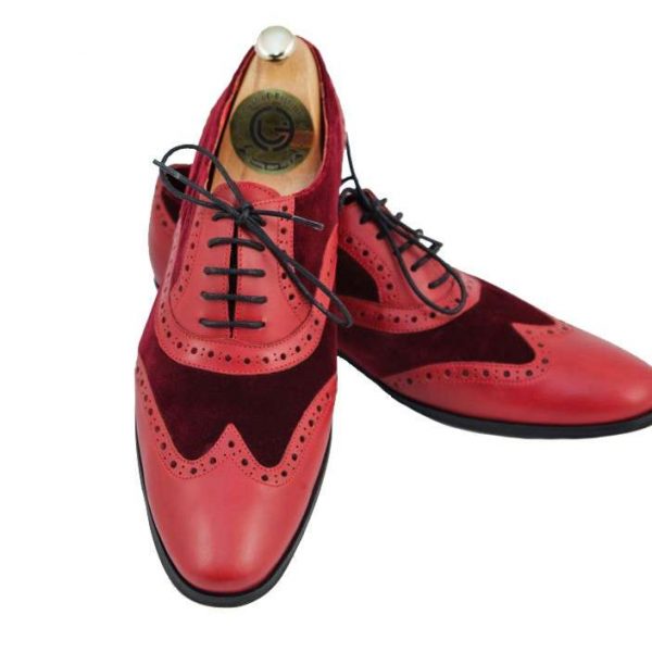 Pantofi oxford catifea grena cu piele roșie