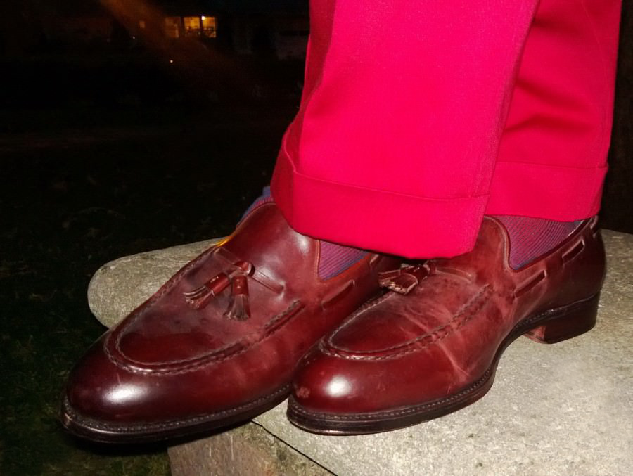 oxblood-cordovan-tassel-loafers-by-meermin-with-red-blue-striped-socks-by-fort-belvedere-red-indochino-slacks-900x677